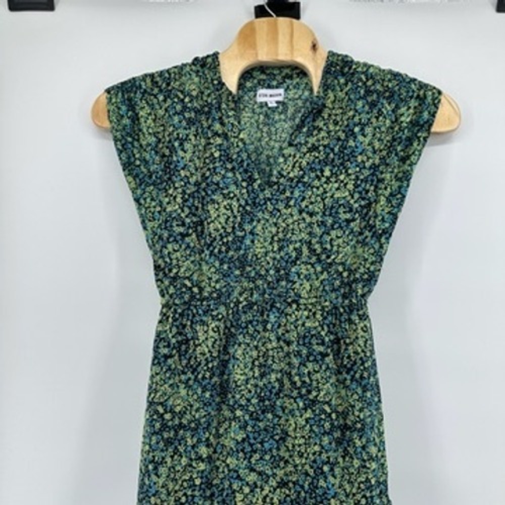 Steve Madden Dress Small Green Blue Floral Sleeveless Tiered Midi V‎ Neck